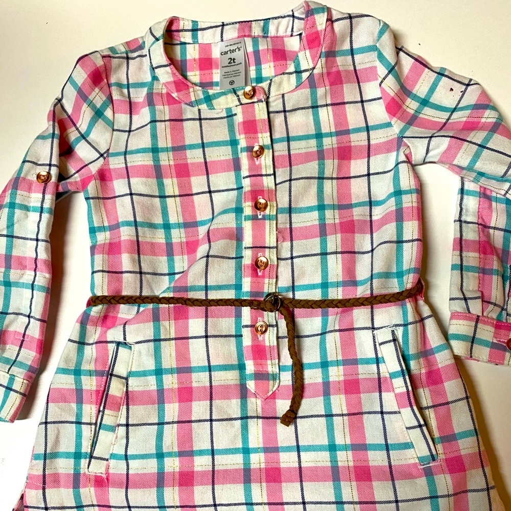 2T pink,turquoise, white plaid long sleeve dress